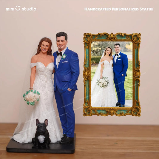 Custom Bride & Groom with Pet Figurine – Personalized Wedding Statue from Photo