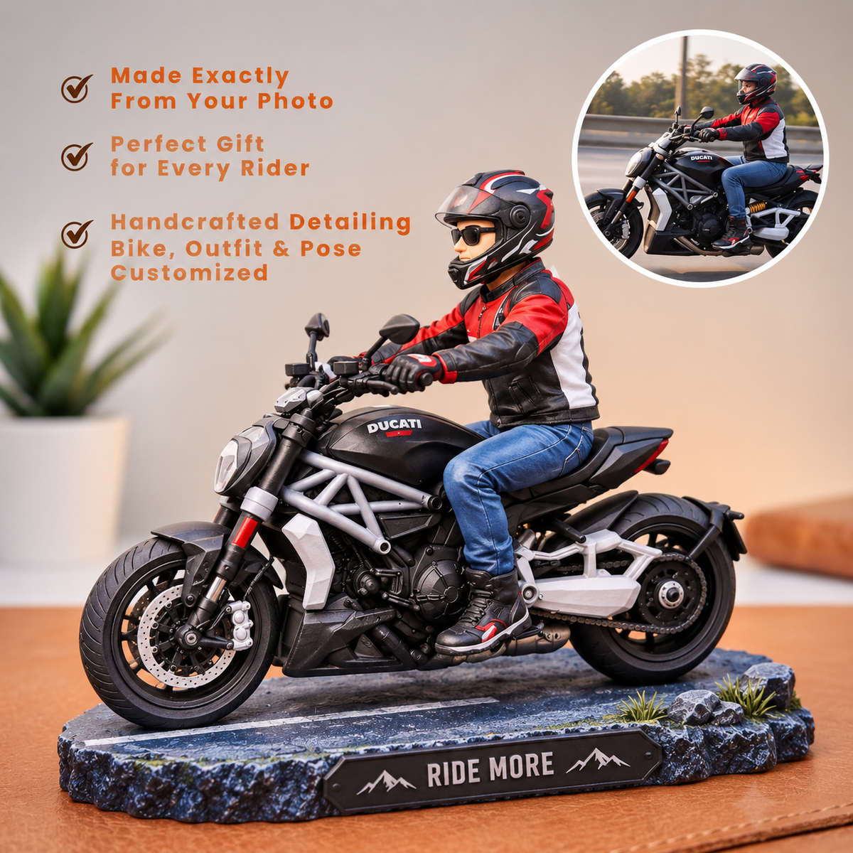Custom Bike Statue – Personalized 3D Rider & Motorbike Miniature from Photo